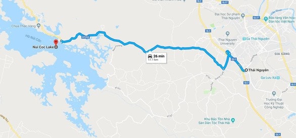 Hướng dẫn đường đi từ thành phố Thái Nguyên tới hồ Núi Cốc - Ảnh chụp màn hình