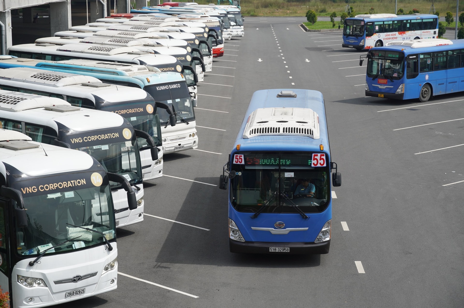 Hàng loạt xe khách “nằm phơi nắng” trong bãi - Ảnh: Mỹ Nhân