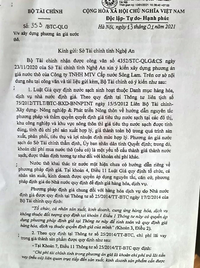 Văn bản của Bộ Tài chính gửi Sở Tài chính Nghệ An về việc xây dựng phương án giá nước thô