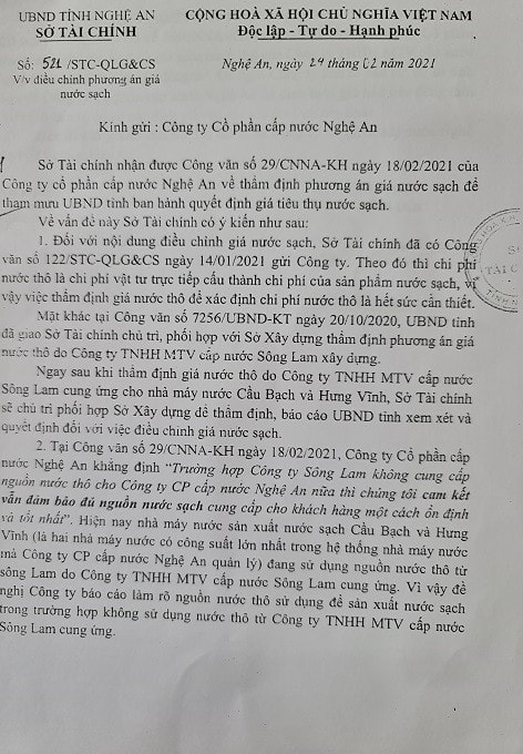 Văn bản của Sở Tài chính Nghệ An gửi Công ty CP cấp nước Nghệ An