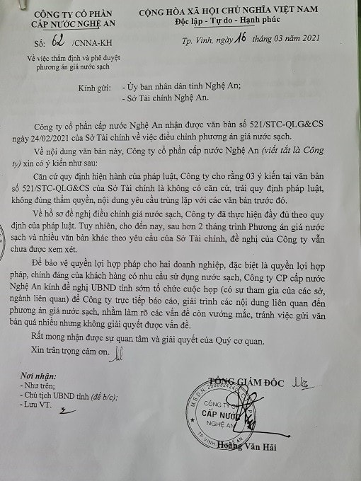 Văn bản của Công ty CP cấp nước Nghệ An gửi UBND tỉnh và Sở Tài chính Nghệ An.