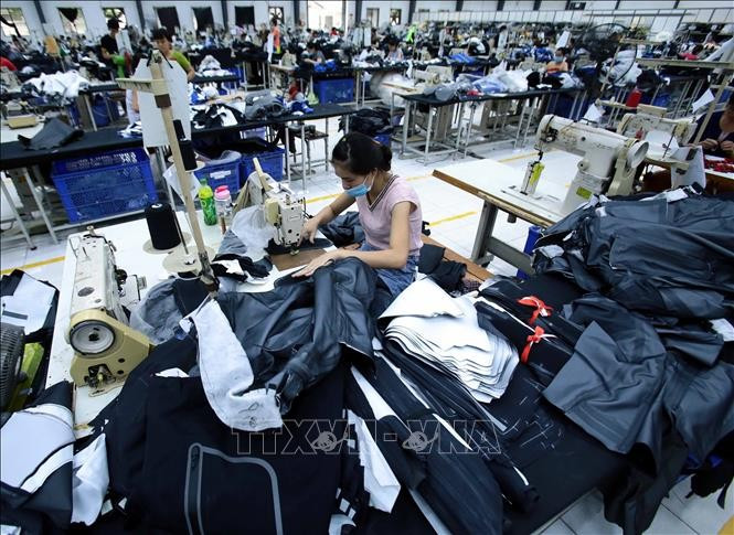 May gia công hàng quần áo xuất khẩu tại Công ty TNHH may Kydo Việt Nam tại khu Công nghiệp Phố nối A (Hưng Yên) - Ảnh: TTXVN