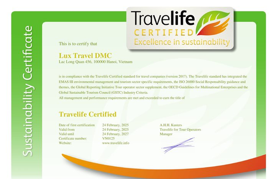 Lux Travel DMC nhận chứng nhận bền vững Travelife Certified Award 2025