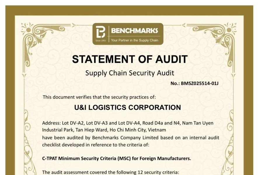 U&I Logistics tiếp tục duy trì tiêu chuẩn an ninh C-TPAT tại Kho 10 Nam Tân Uyên